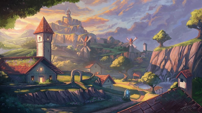 Village with windmills and castle in Zelda Breath of the Wild style