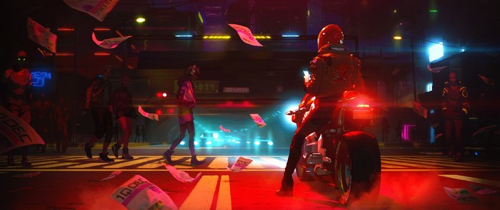 Futuristic city street with people and a motorcycle rider