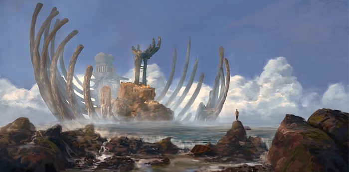 Digital painting of a giant ribcage structure and statue