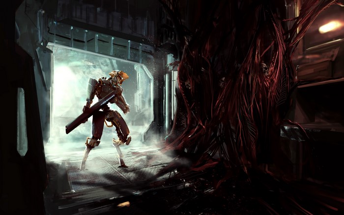 Robot with gun in futuristic environment with organic growth