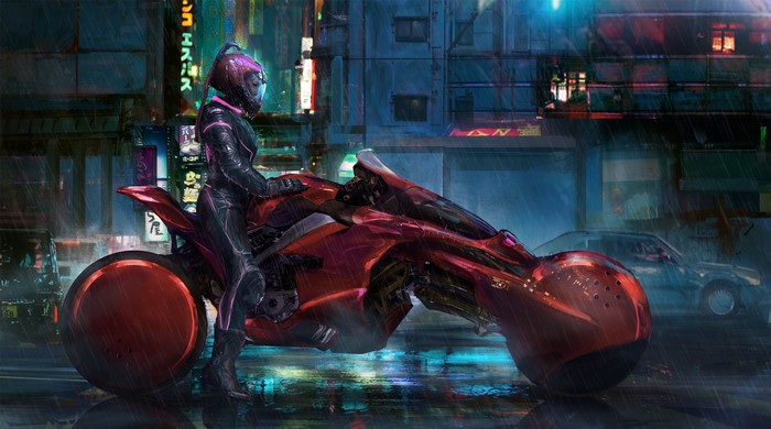 Woman in futuristic motorcycle gear on a red motorcycle in a rainy city
