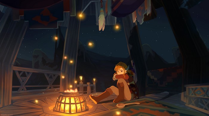 Link from The Legend of Zelda: Breath of the Wild by a campfire