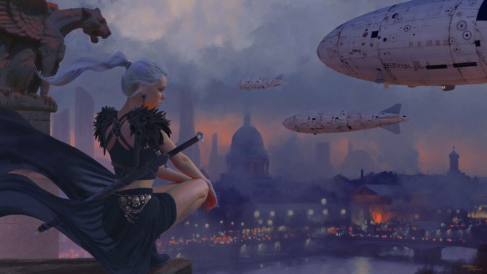Fantasy girl with sword and airships over city