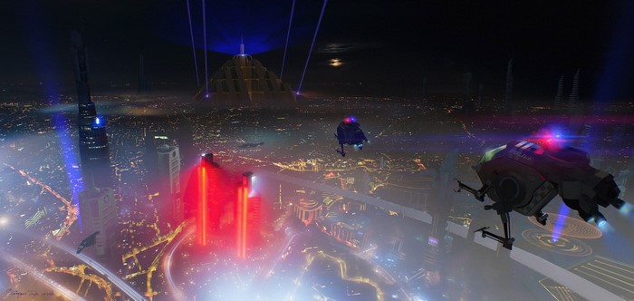 Futuristic city at night with flying police drones