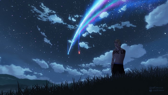 Lil Peep looking at shooting stars in Kimi no Na Wa style