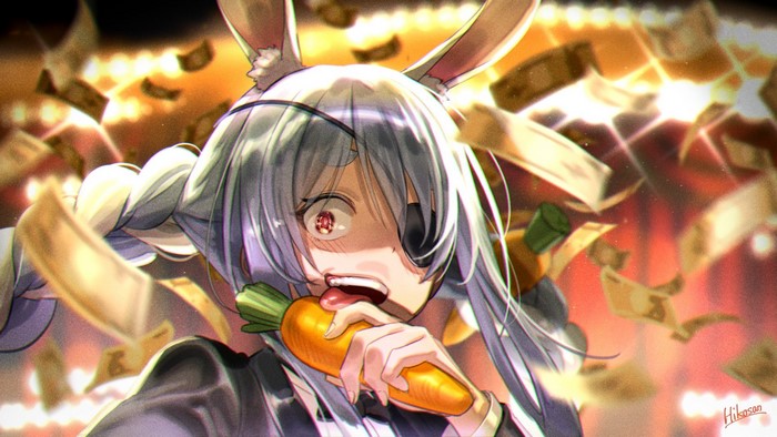 Usada Pekora from Hololive eating a carrot with money falling