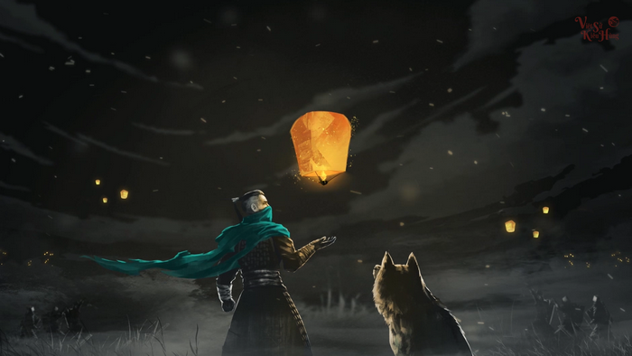 Man and dog release lantern into night sky