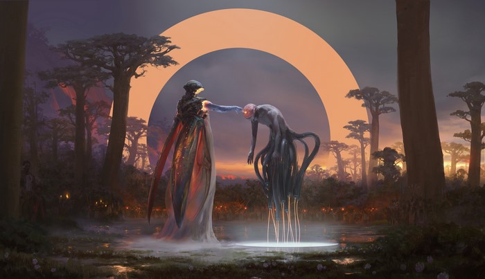 Science fiction scene with two alien figures in a swamp