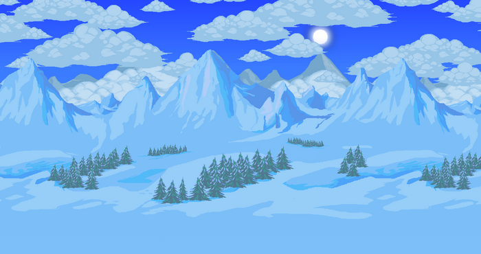 Pixel art of snowy mountains and pine trees from Terraria