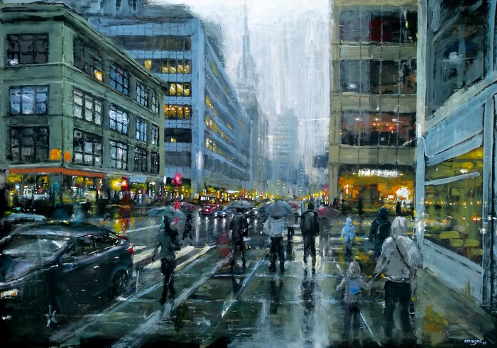 City street in the rain with people and umbrellas