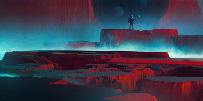 Astronaut on a red and blue alien planet