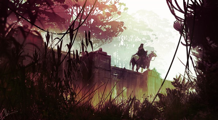 Man on horseback on a wall with trees