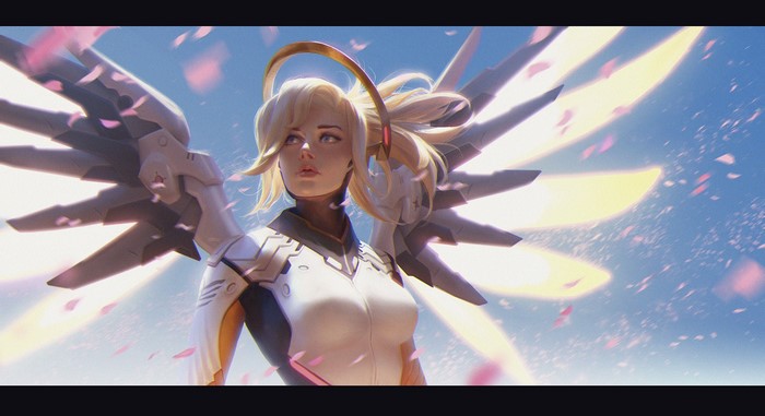 Mercy from Overwatch with wings and petals