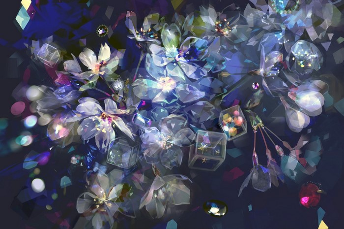 Crystalline flowers and jewels on dark background