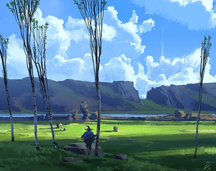 A lone figure walks through a grassy field with mountains in the background