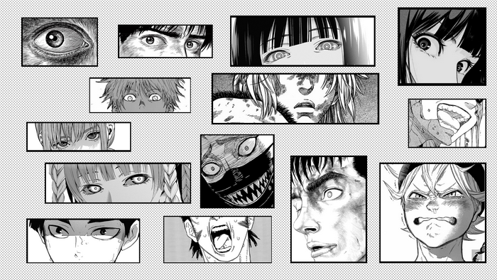 Manga panels featuring anime characters' eyes and faces