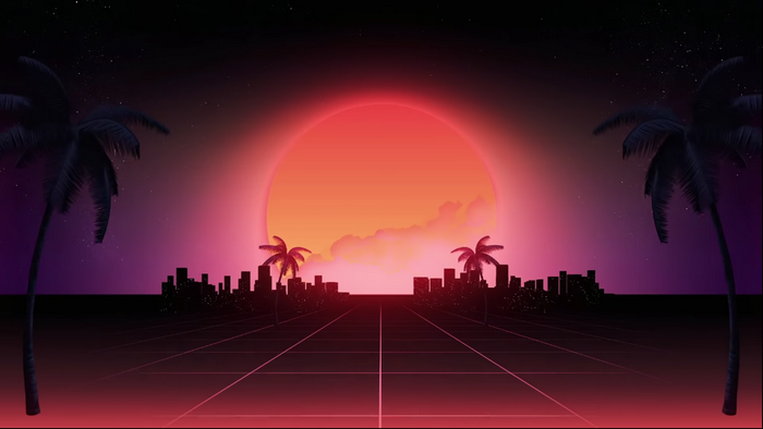 Retrowave city skyline with palm trees and sunset