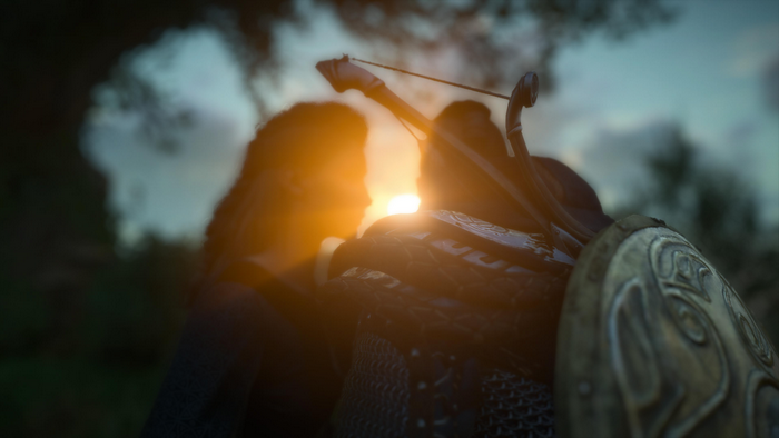 Eivor from Assassin's Creed Valhalla with bow and shield