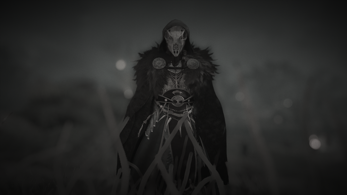 Assassin's Creed Valhalla character with animal skull mask