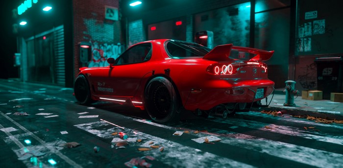 Red Mazda RX-7 in a neon-lit alley