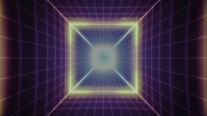 Neon grid tunnel with glowing square frame