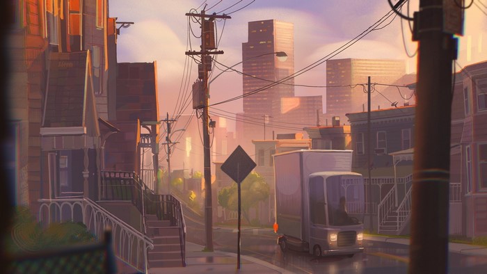 Street scene with buildings and a delivery truck