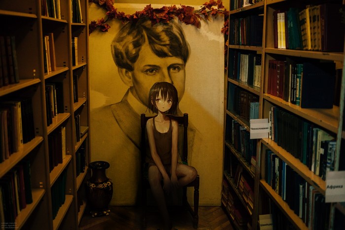 Anime girl in front of portrait in library