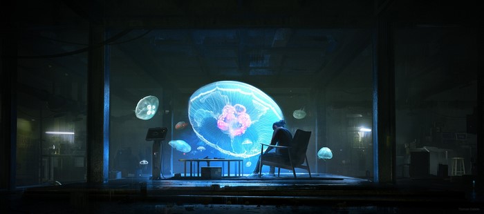 Person observing holographic jellyfish in a dark room