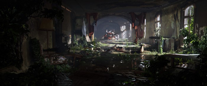 Apocalyptic abandoned interior with overgrown plants
