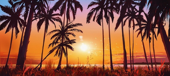 Sunset over the ocean with palm trees