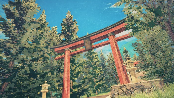 Torii gate in a forest with a shrine