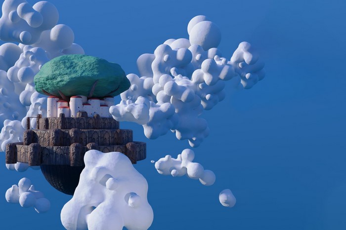 Castle in the Sky with a large tree and clouds