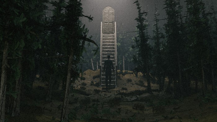 Man standing at the bottom of a wooden staircase leading to a stone archway in a dark forest