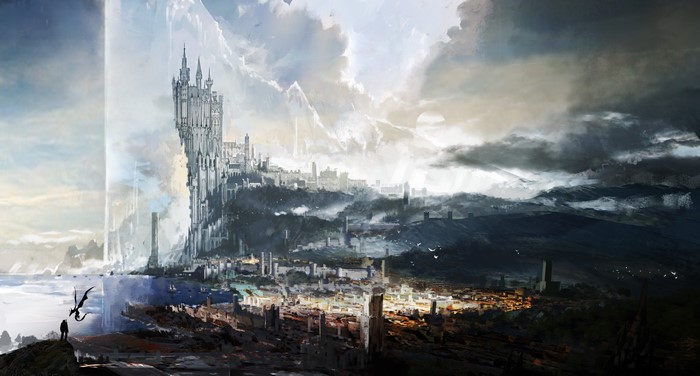 4K digital art of a fantasy city and castle with a dragon