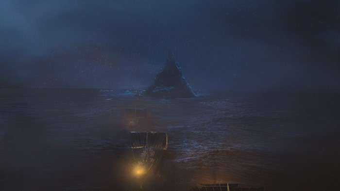 Ships sailing towards a rocky island at night