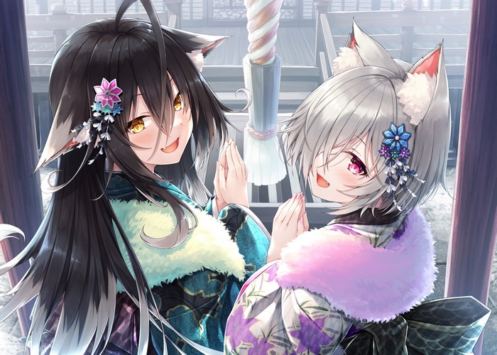Two anime girls with animal ears at a temple