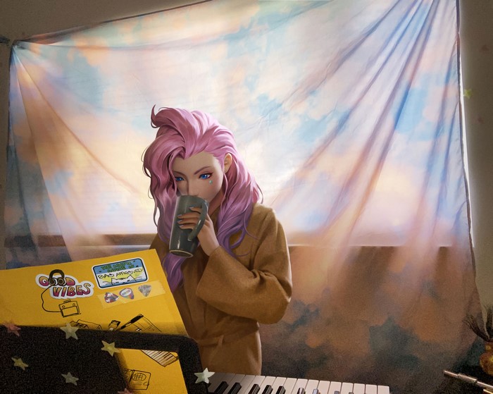 Seraphine from League of Legends drinking coffee