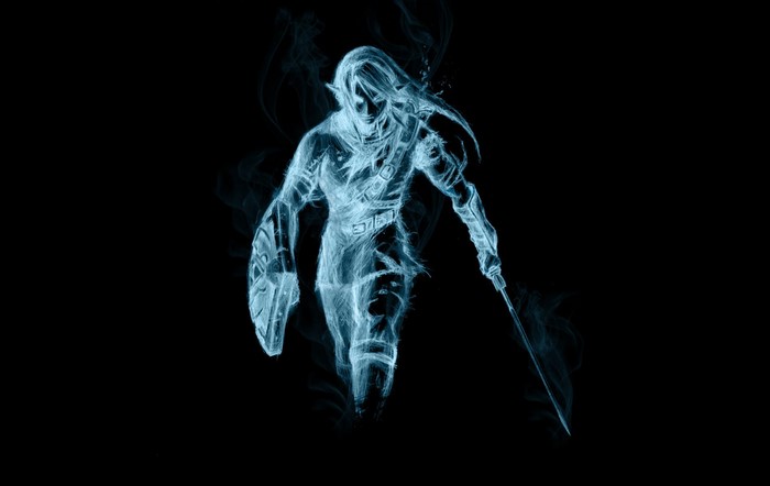 Link from The Legend of Zelda made of blue smoke