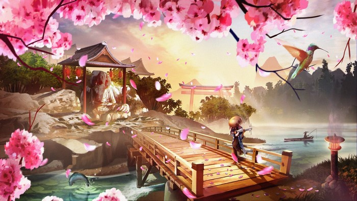 Anime landscape with cherry blossoms, bridge, and a hummingbird