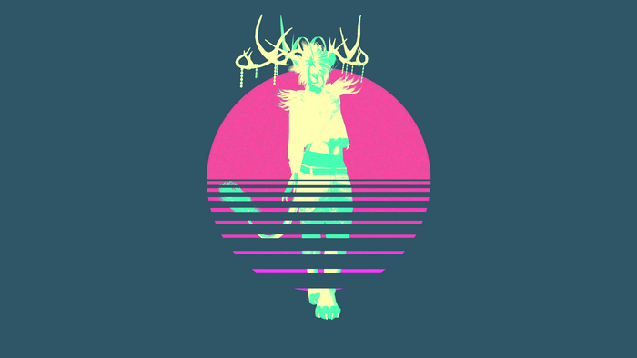 Synthwave character with antlers and pink sun