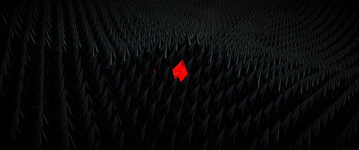 Abstract 3D render of black spikes with a red diamond