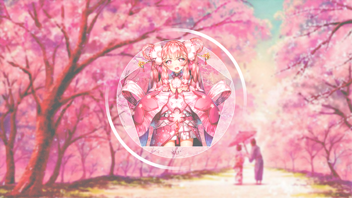Anime girl in pink kimono with cherry blossoms
