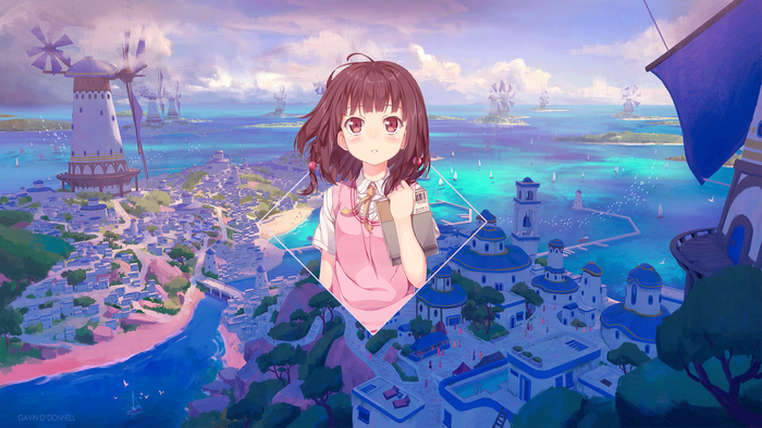Anime girl in pink dress in a coastal city with windmills