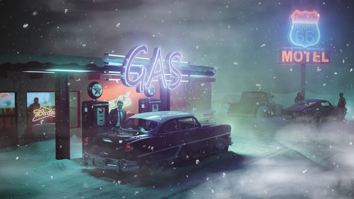 Retro gas station on Route 66 in winter at night