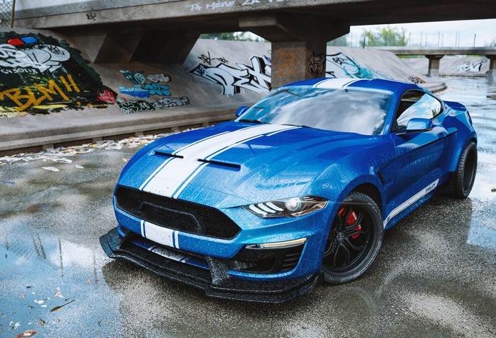 Blue Shelby Mustang with White Stripes in Skatepark