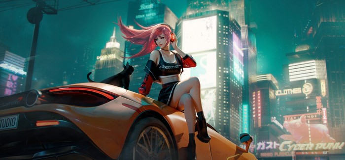 Tian Zi with cat and McLaren in futuristic city