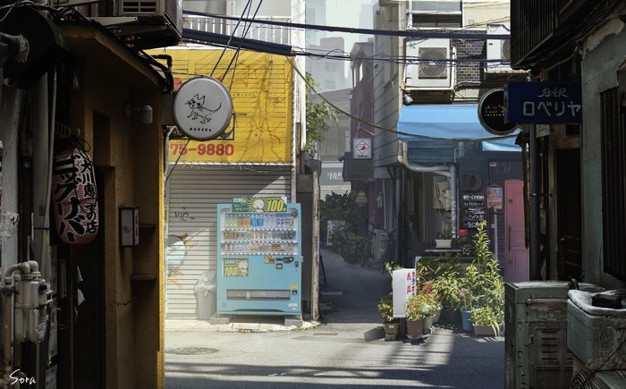 Alleyway with vending machine and signs
