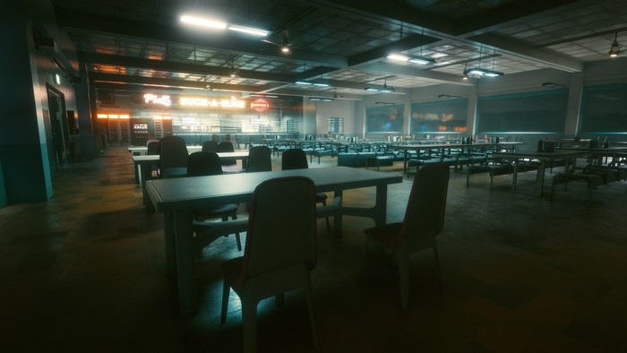 Cyberpunk 2077 cafeteria with tables and chairs