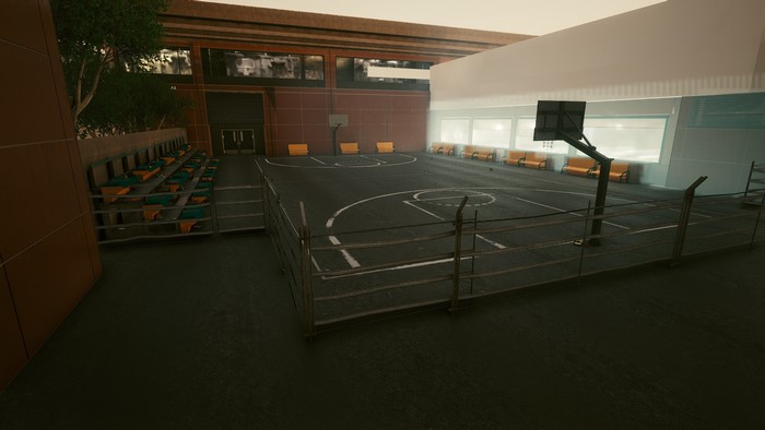 Cyberpunk 2077 basketball court with seating