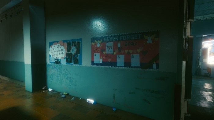 Cyberpunk 2077 hallway with posters and trash